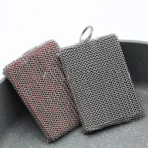 GALOFAY Chainmail Scrubber High Density Stainless Steel Ring Cast Iron Cleaner Packaged Silicone Rubber Lining Pad for Skillet Wok Pot Pan Black - color