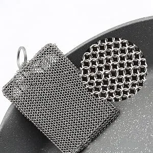 GALOFAY Chainmail Scrubber High Density Stainless Steel Ring Cast Iron Cleaner Packaged Silicone Rubber Lining Pad for Skillet Wok Pot Pan Black - ring
