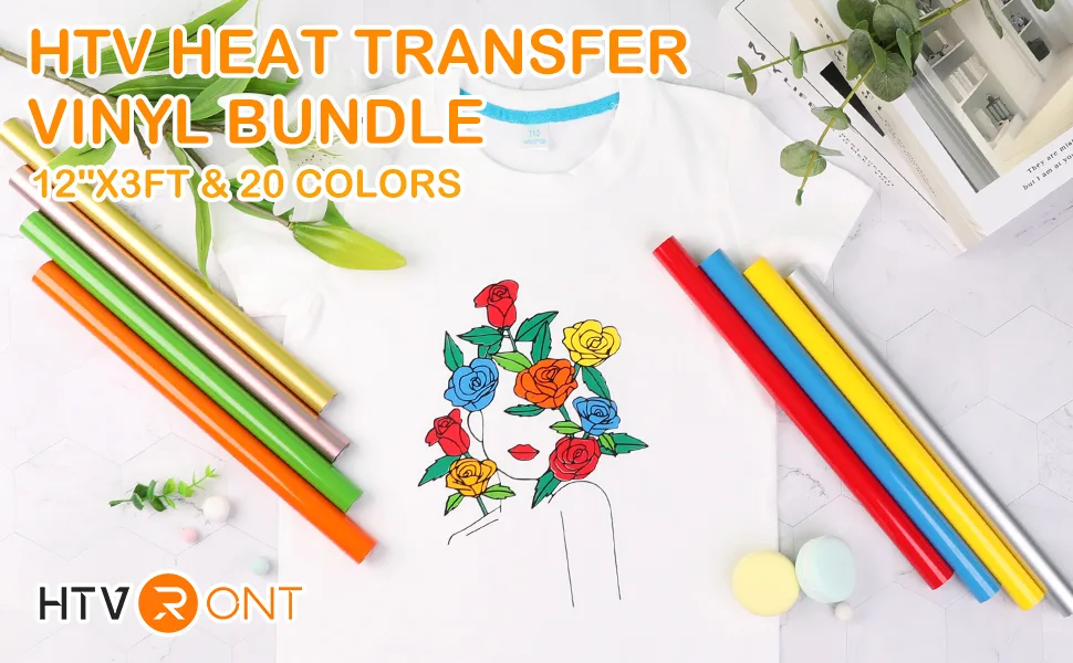 HTVRONT HTV Heat Transfer Vinyl Bundle - 20 Pack 12'' x 3FT Heat Transfer Vinyl Rolls Easy Cutting Iron on Vinyl for Cricut HTV Vinyl Bundle with 20 Assorted Colors - htv heat transfer vinyl bundle