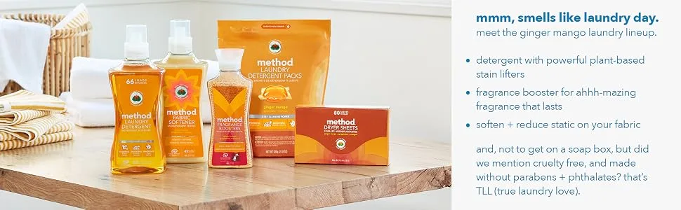 Method Dryer Sheets Ginger Mango Fabric Softener and Static Reducer Compostable and Plant-Based Laundry Essentials 80 Count (Pack of 6) Ginger Mango 80 Count (Pack of 6) - laundry, detergent, fabric softener, dryer sheets, fragrance boosters