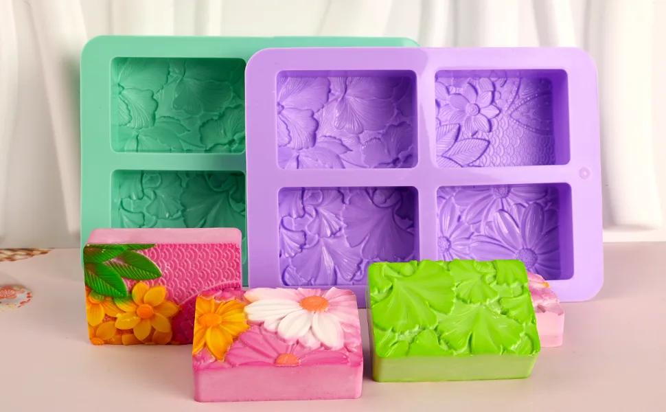 HUAKENER Silicone Soap Molds 2 Pack 4-Cavity Rectangle Soap Mold Flower Soap Making Molds Flowers and Leaves - flower soap mold