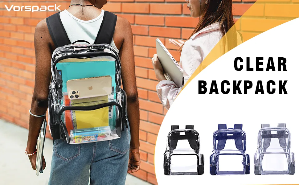 Vorspack Clear Backpack - Transparent Backpack with Reinforced Bottom & Multi-pockets for College Workplace Security - Black - clear backpack