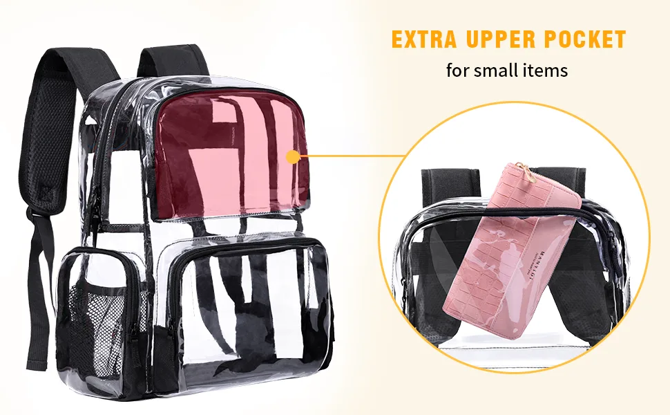 Vorspack Clear Backpack - Transparent Backpack with Reinforced Bottom & Multi-pockets for College Workplace Security - Black - clear backpack