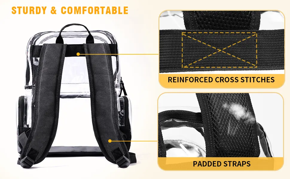Vorspack Clear Backpack - Transparent Backpack with Reinforced Bottom & Multi-pockets for College Workplace Security - Black - clear backpack