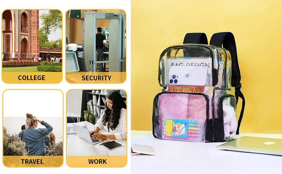 Vorspack Clear Backpack - Transparent Backpack with Reinforced Bottom & Multi-pockets for College Workplace Security - Black - clear backpack