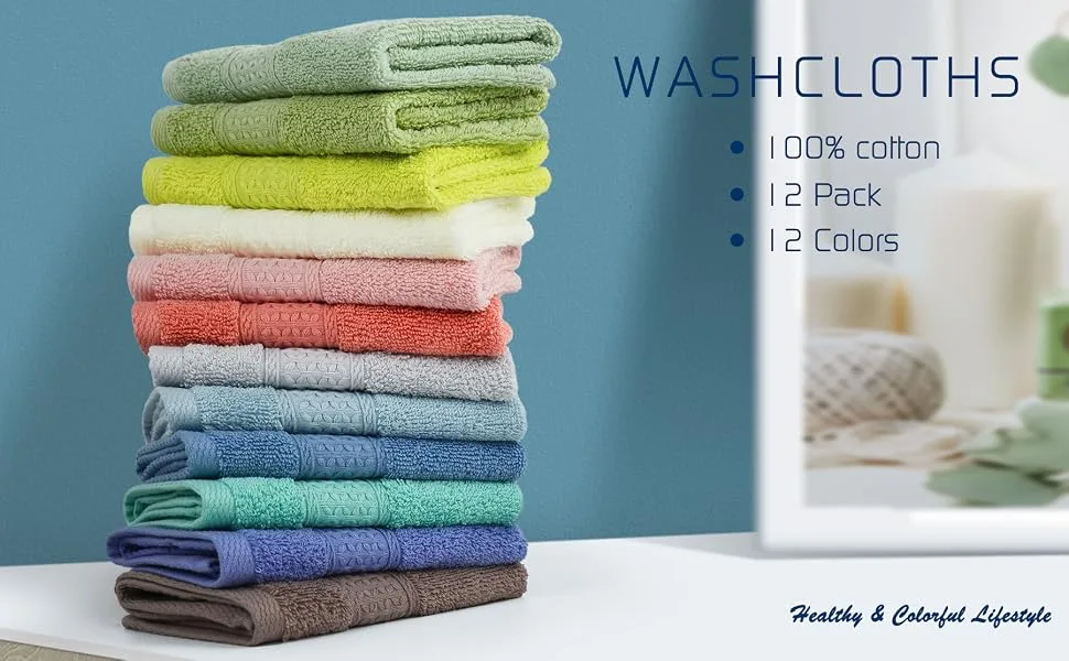Cleanbear 100% Cotton Wash Cloths 12 Pack Bath Washcloths Facecloths 13 by 13 Inches Large Bathroom Washcloth Set 12 Assorted Colors (Multi 12) Multicolor - Cleanbear bulk washcloths