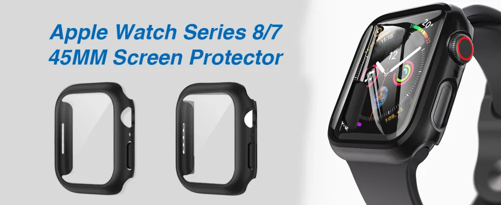 Ailun for Apple Watch Series 8 & 7 Screen Protector Case 45mm Ultra-Thin Hard PC Case Built in Tempered Glass Screen Protector for iWatch Shockproof Cover with Button 2 Pack Black 45MM Black - product information 3