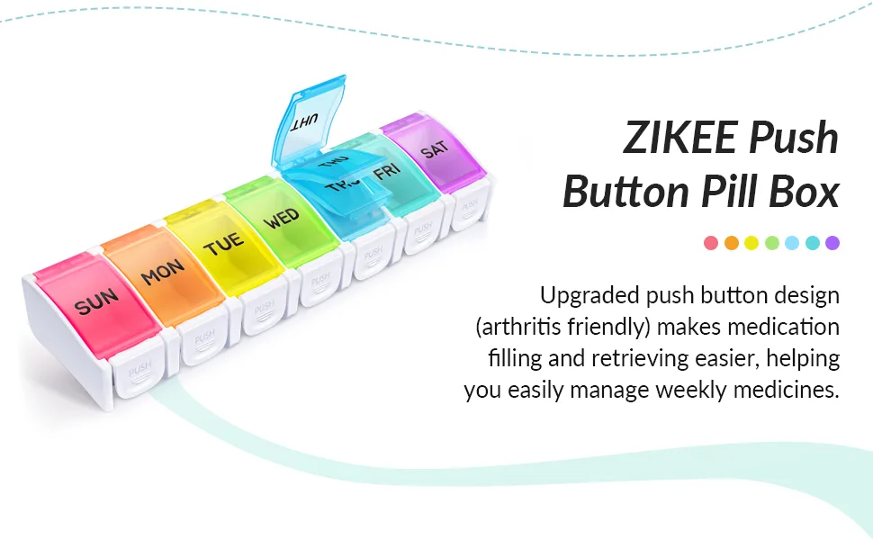ZIKEE Weekly Pill Organizer Arthritis Friendly with Spring Loaded Design Portable 7 Day Pill Box Case with Large Compartment for 9 Fish Oils BPA-Free Pill Container for Medications and Supplements - pill organizer