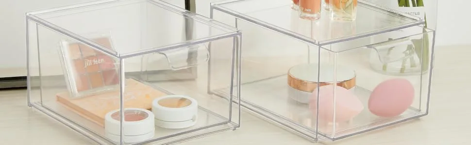 Vtopmart 2 Pack Stackable Makeup Organizer Storage Drawers 4.4'' Tall Acrylic Bathroom Organizers Clear Plastic Storage Bins For Vanity Undersink Kitchen Cabinets Pantry Organization and Storage - product information 5