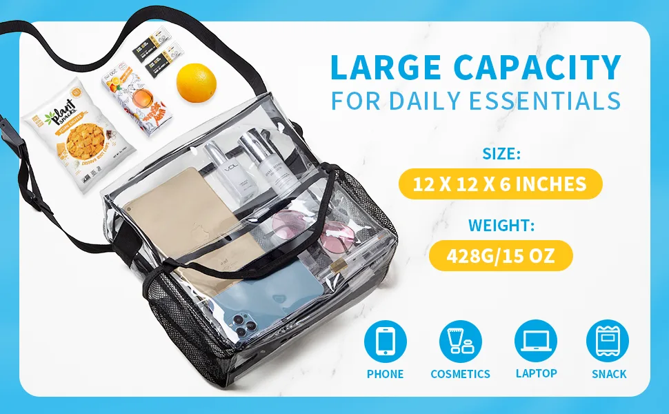 Vorspack Clear Tote Bag - Stadium Approved Clear Bag with Adjustable Strap for Sports Events Concerts Work Black - clear bag