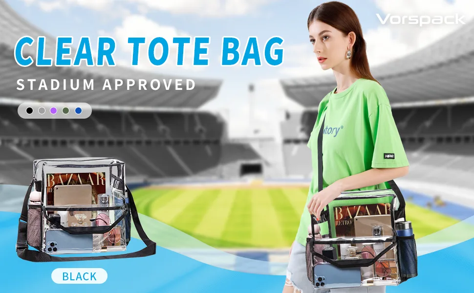 Vorspack Clear Tote Bag - Stadium Approved Clear Bag with Adjustable Strap for Sports Events Concerts Work Black - clear lunch bag