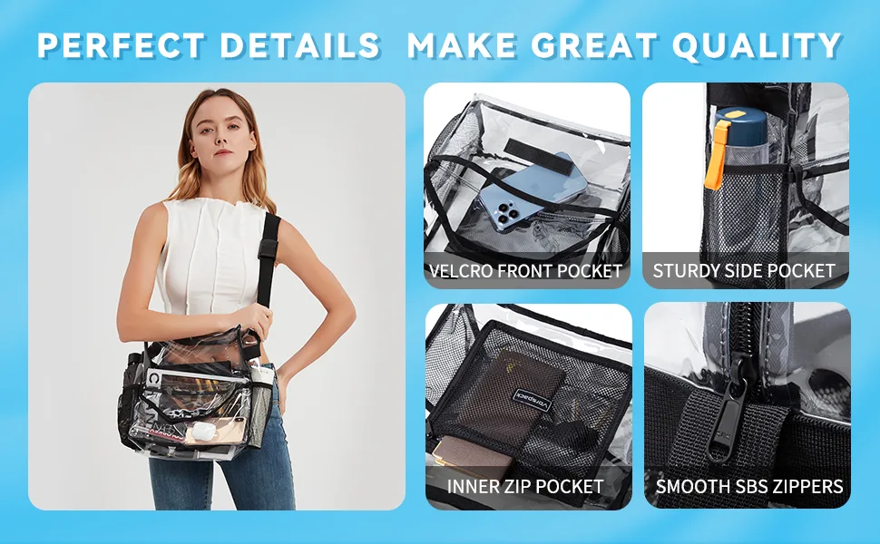 Vorspack Clear Tote Bag - Stadium Approved Clear Bag with Adjustable Strap for Sports Events Concerts Work Black - clear stadium bag
