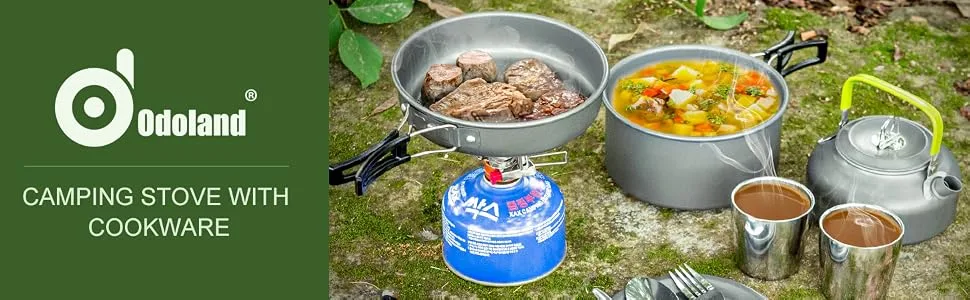 Odoland 12pcs Camping Cookware Mess Kit with Mini Stove Lightweight Pot Pan Kettle with 2 Cups Fork Spoon Kit for Backpacking Outdoor Camping Hiking and Picnic - OD0214