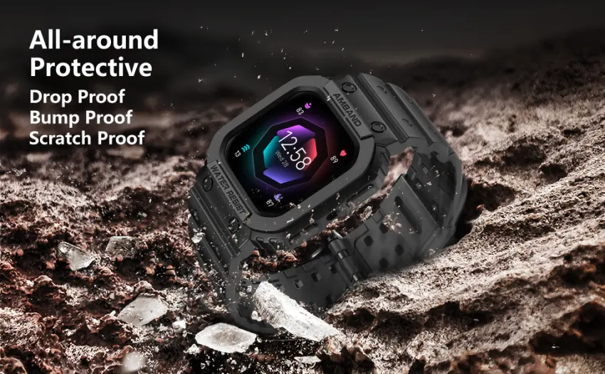amBand Compatible for Fitbit Versa 4/ Fitbit Versa 3/ Fitbit Versa 2/ Fitbit Versa Lite/Fitbit Sense 2/ Fitbit Sense Bands with Case Protective Case Strap Rugged Sport Protector Wristbands Men Black Black Fitbit Sense 2/1 & Versa 4/3/2/1 & Versa Lite - All-around Protective: Drop Proof, Bump Proof, Scratch Proof