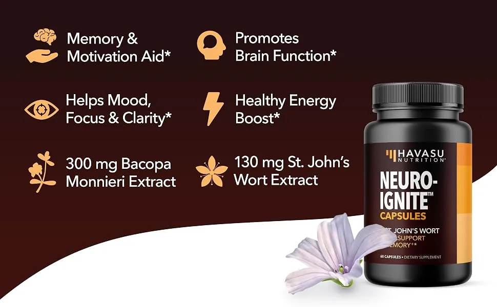 HAVASU NUTRITION Nootropics Brain Performance Supplement for Memory Focus and Clarity with St. John's Wort for Brain Boost (60 Count (Pack of 1)) - brain supplement for focus, energy, memory & clarity saint johns wort