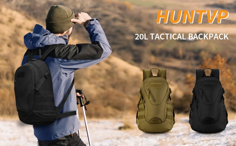 HUNTVP Military MOLLE Backpack Rucksack Gear Tactical Assault Pack Student School Bag 20L for Hunting Camping Trekking Travel Black - product information 15