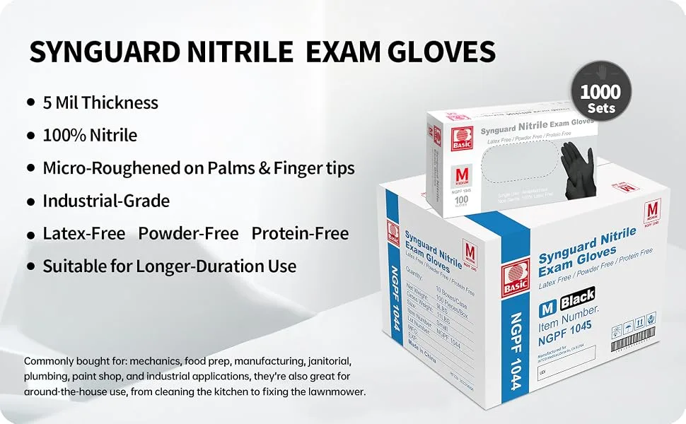 Basic Medical Black Nitrile Exam Gloves - 5 Mil - Latex-Free & Powder-Free - NGPF 1045 (Case of 1 000) Medium Black Medium Gloves - 5mil 100% nitrile micro roughened long duration 1000 pcs set