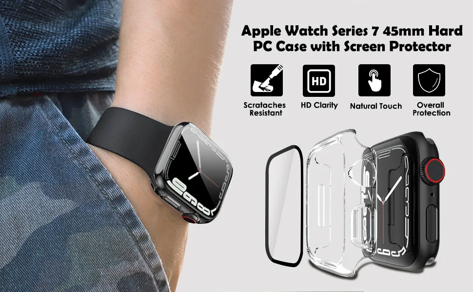 QHOHQ 2 Pack Hard PC Case Compatible with Apple Watch Series 8 45mm & Series 7 45mm with Tempered Glass Screen Protector Full Coverage Touch Sensitive Ultra-Thin HD Bumper Protective Cover - Clear Transparent 45mm - product information 8