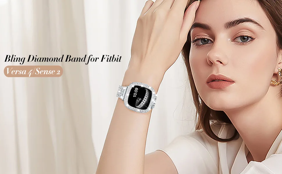 V-MORO Compatible with Fitbit Versa 4/Sense 2 Bands for Women Bling Diamond Metal Strap Replacement with Hard Bumper Protective Case Cover for Fitbit Sense 2/Versa 4-Silver - product information 9