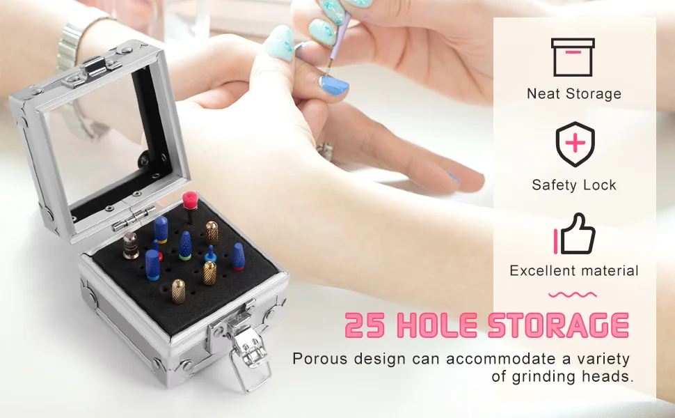 Ranrose Nail Drill Bit Holder Case Silver 25PCS Holes Nail Bit Holder Organizer Pink Nail Storage Organizer Box for Nail Drill Display Container(Silver) 25PCS Holes Holder Silver - product information 31