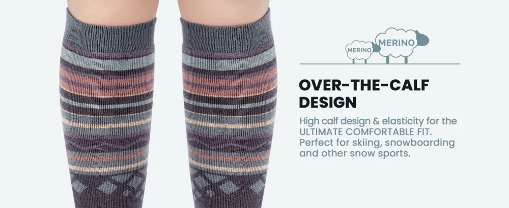 Ski Socks 2-Pack Merino Wool Over The Calf Non-Slip Cuff for Men & Women Gray Medium - ski socks
