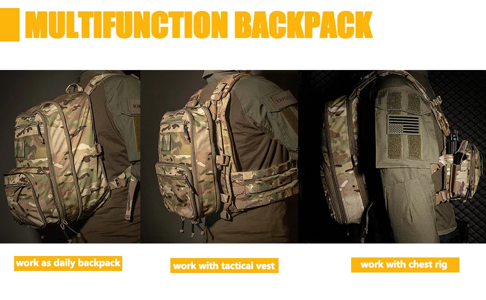 KRYDEX Tactical Expandable Backpack Military MOLLE Backpack for Travelling Hiking Hunting (Multicam) - krydex tactical flat backpack