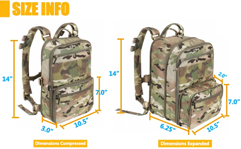 KRYDEX Tactical Expandable Backpack Military MOLLE Backpack for Travelling Hiking Hunting (Multicam) - krydex tactical flat backpack