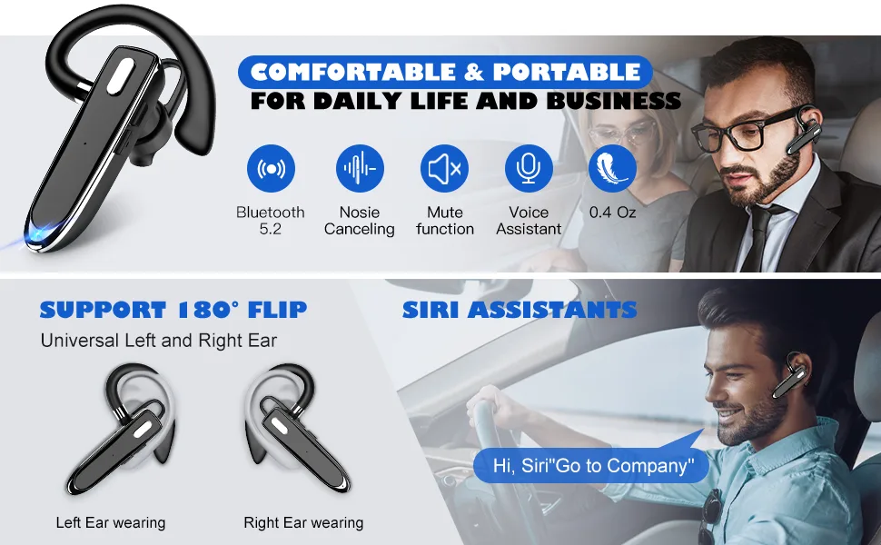 Bluetooth Headset for Cell Phones Bluetooth V5.2 Earpiece with Charging Case Hands-Free Single Ear Headset with CVC8.0 Noise Canceling Mic for Office/Driving Compatible with iPhone/Android/Laptop with Chargring Case - product information 9