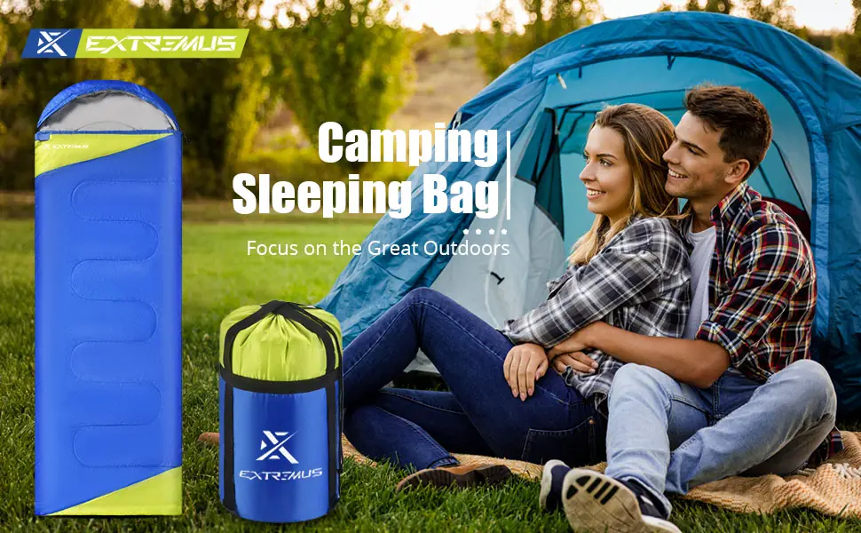 Extremus Rectangular Camping Sleeping Bag 3-Season Comfort Single/Double Backpacking Sleeping Bags for Adults Lightweight water repellency Camping Gear Stuff Sack With Compression Straps Included A: Single-Royal Blue/Chartreuse - Camping Sleeping Bag