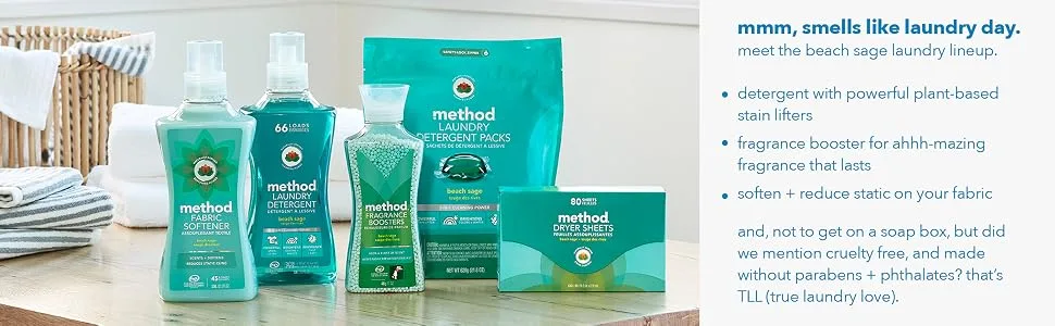 Method Dryer Sheets Beach Sage Fabric Softener and Static Reducer Compostable and Plant-Based Laundry Essentials 80 Count (Pack of 6) Beach Sage 80 Count (Pack of 6) - laundry, detergent, fabric softener, dryer sheets, fragrance boosters