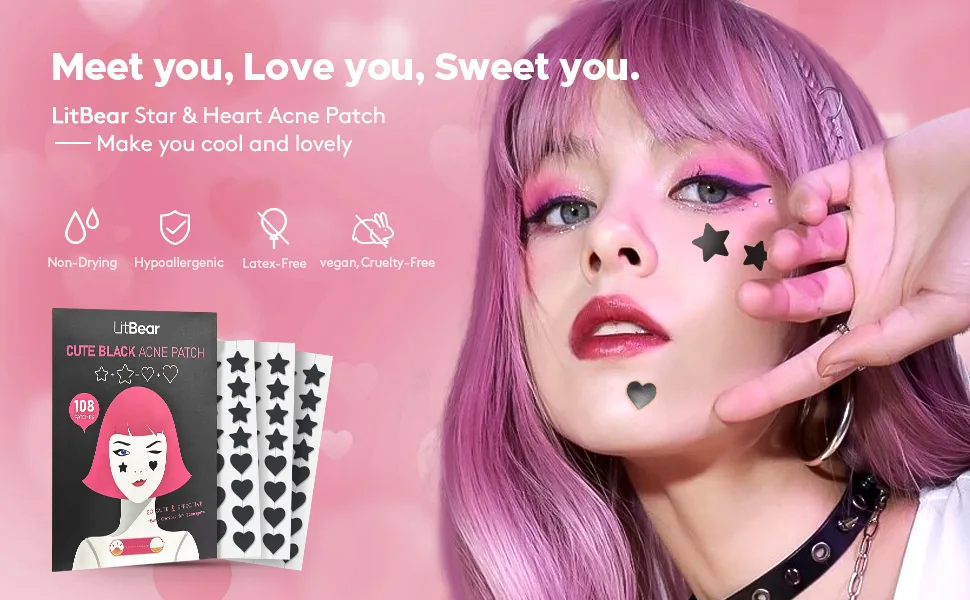 LitBear Acne Patch Pimple Patch Black Star & Heart Shaped Acne Absorbing Cover Patch Hydrocolloid Acne Patches For Face Zit Patch Pimple Sticker Acne Dots Tea Tree Oil + Centella (108 Count) - acne patches