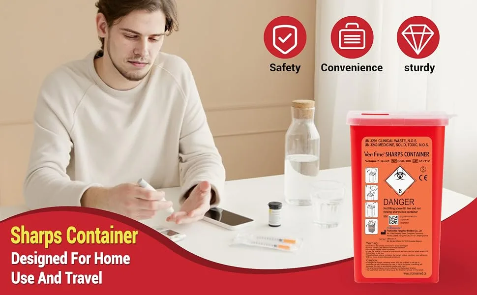 Verifine Sharps Container for Needles Needle Disposal Containers 1 Quart Size (Pack of 3) Portable Biohazard Containers Travel Size for Home Use - Sharp Container 1