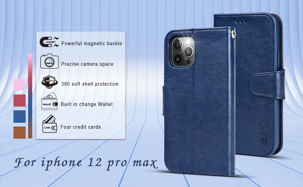 Arae Compatible with iPhone 12 Pro Max Case Wallet Flip Cover with Card Holder and Wrist Strap - Blue - iPhone 12 Pro max case