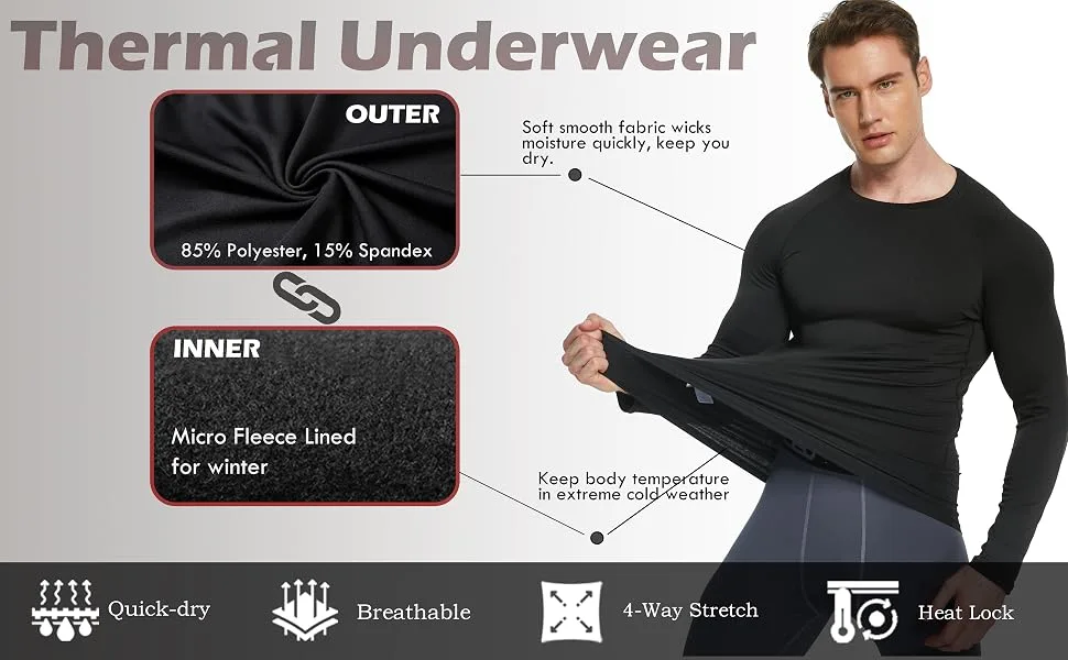 5 or 4 Pack Men's Thermal Compression Shirt Fleece Lined Long Sleeve Athletic Base Layer Cold Weather Gear Workout Top Black/Gray(5 Pack) Large - thermal