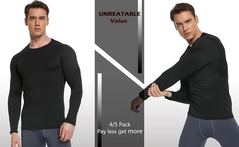 5 or 4 Pack Men's Thermal Compression Shirt Fleece Lined Long Sleeve Athletic Base Layer Cold Weather Gear Workout Top Black/Gray(5 Pack) Large - Thermal underwear