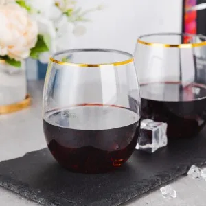 N9R 24 Pack Plastic Wine Glasses with Gold Rim 12oz Disposable Wine Glasses Stemless Shatterproof & Sturdy Plastic Cups for Parties Wedding Cups-24pack - HQ-PET24-2