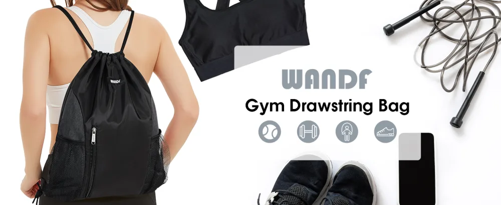 WANDF Drawstring Backpack Sports Gym Sackpack with Mesh Pockets Water Resistant String Bag for Women Men Children (Black) - 6038
