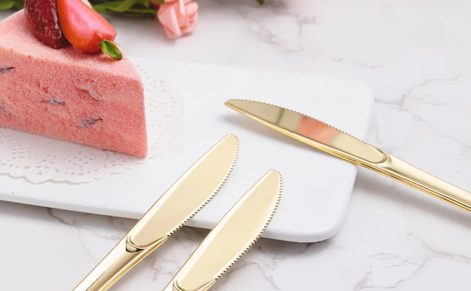 N9R 72 Pack Gold plastic Knives Solid Durable and Heavy Duty Plastic Knives Perfect Utensils for Parties Weddings and other Formal Events - 970*600