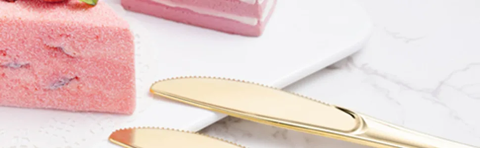 N9R 72 Pack Gold plastic Knives Solid Durable and Heavy Duty Plastic Knives Perfect Utensils for Parties Weddings and other Formal Events - 970x300