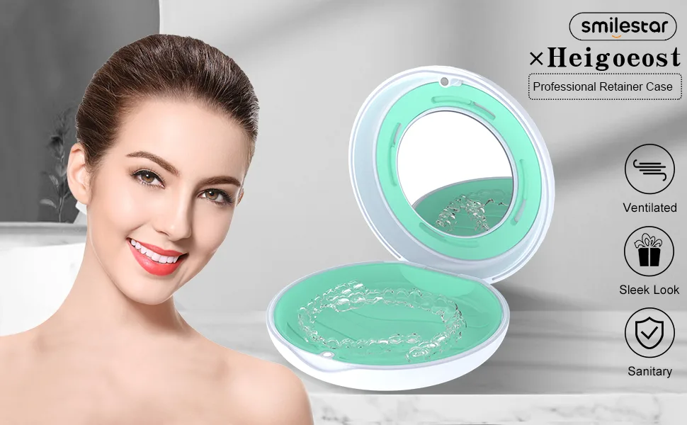 Retainer Case Slim Aligner Case with Adjustable Vent Holes and Mirror Compatible with Invisalign Night Guard and Mouth Guard Premium Retainer Case With Aligner Remover Tool Chew & Brush White Round: White - retainer case