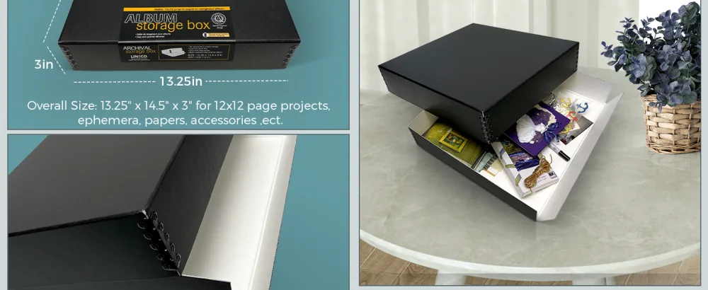 Lineco 12x12 Scrapbook Storage Box Drop-Front Box with Removable Lid. Projest Case for Photos Documents Crafts Cards Magazines Prints. Prevents Harm to Your Products Black 1 Pack Black - photo storage box