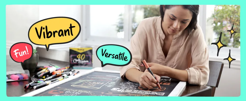 Chalkboard Chalk Markers (10 Pack 1mm Extra Fine Tip) Neon color pens - For Blackboards Chalkboard Bistro Window 1mm Extra Fine Tip - Neon - Woman using vibrant, versatile, and fun Chalkola chalk markers on a chalkboard