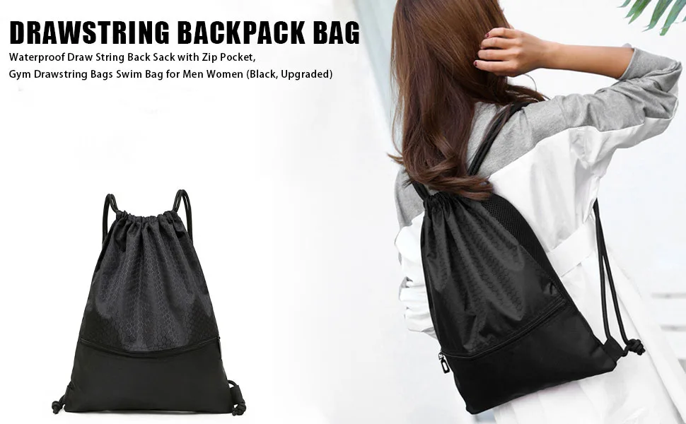 Drawstring Backpack Bag Waterproof Draw String Back Sack with Zip Pocket Gym Drawstring Bags Swim Bag for Men Women Black Upgraded - product information 21
