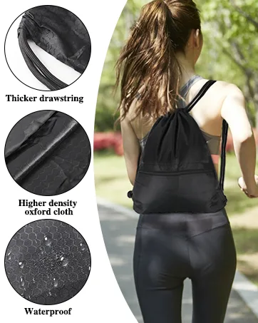 Drawstring Backpack Bag Waterproof Draw String Back Sack with Zip Pocket Gym Drawstring Bags Swim Bag for Men Women Black Upgraded - product information 3