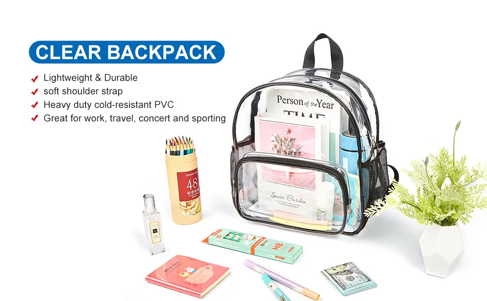 Clear Mini Backpack Stadium Approved Waterproof and Lightweight Heavy Duty Transparent Backpack for Concert Security Travel & Stadium Black Pocket - clear bag