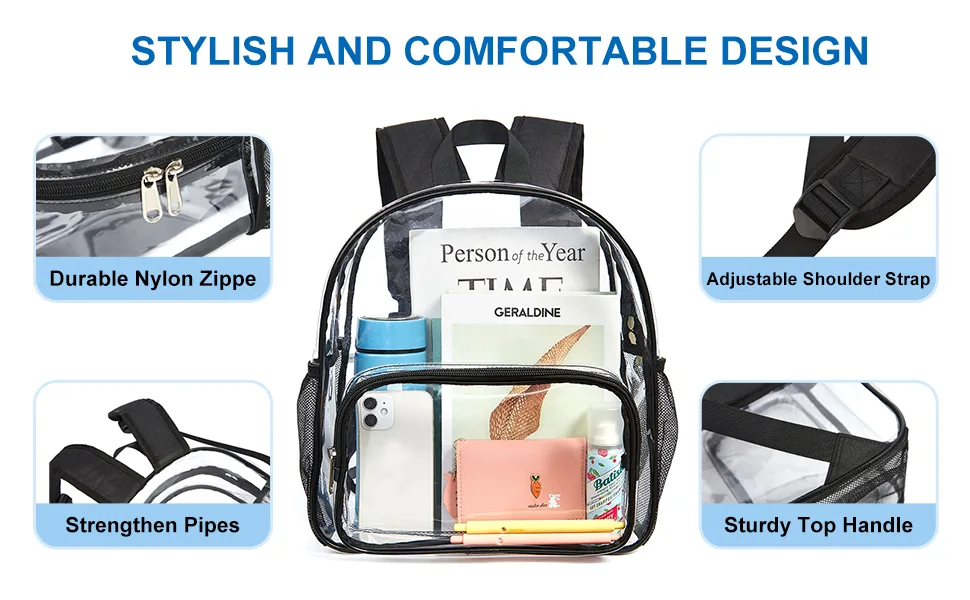 Clear Mini Backpack Stadium Approved Waterproof and Lightweight Heavy Duty Transparent Backpack for Concert Security Travel & Stadium Black Pocket - CLEAR MINI BACKPACK