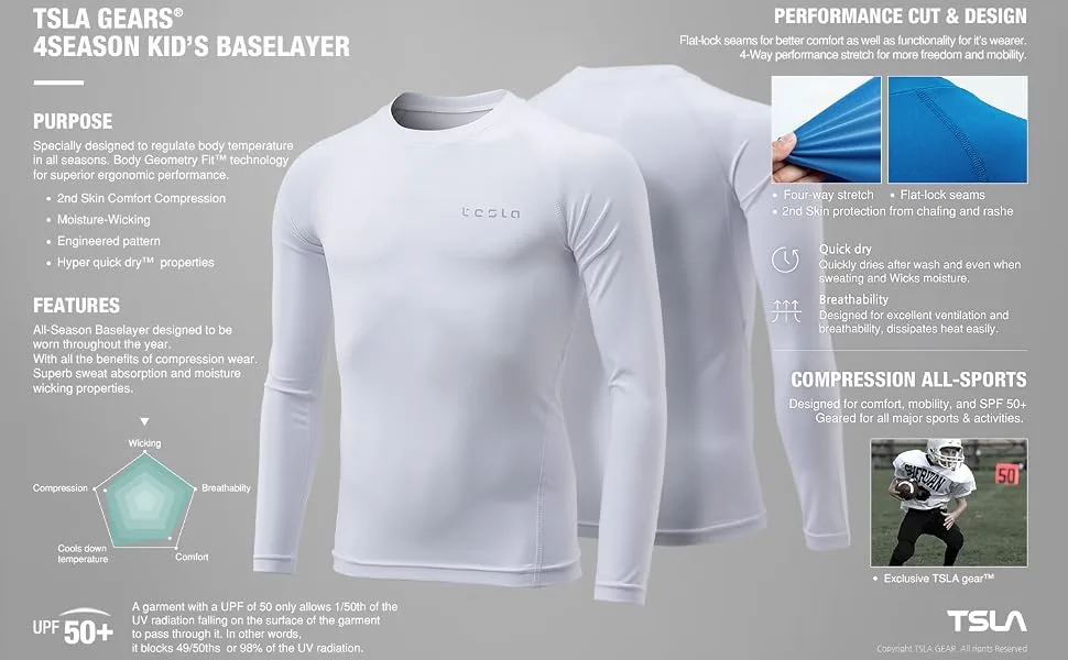 TSLA Kid's & Boy's Cool Dry Long Sleeve Compression Shirts Athletic Workout Shirt Sports Base Layer T-Shirt 2pack White/ Blue 6 - TSLA baselayer for kids