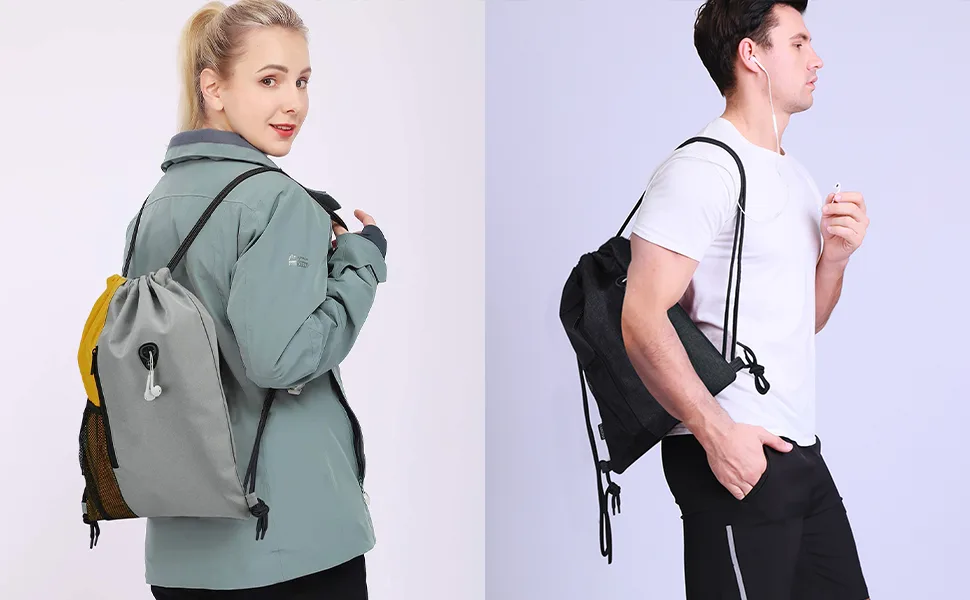 LIVACASA Drawstrings Backpacks Bags for Men Sackpack for Women USB Port Headphone Hole Design Waterproof Light Gray and Blue C Grey + Peacock Blue - beach bag