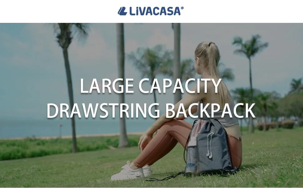 LIVACASA Drawstrings Backpacks Bags for Men Sackpack for Women USB Port Headphone Hole Design Waterproof Light Gray and Blue C Grey + Peacock Blue - drawstring bag