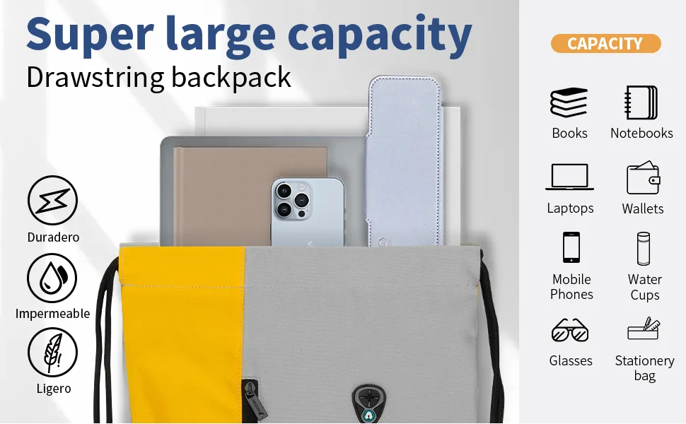 LIVACASA Drawstrings Backpacks Bags for Men Sackpack for Women USB Port Headphone Hole Design Waterproof Light Gray and Blue C Grey + Peacock Blue - string bag